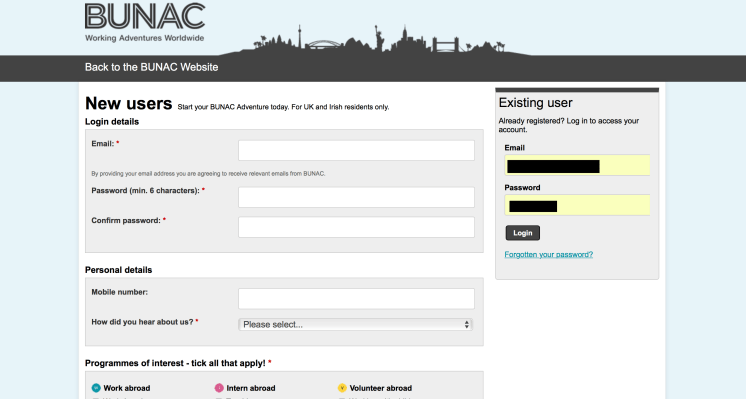 BUNAC login Application
